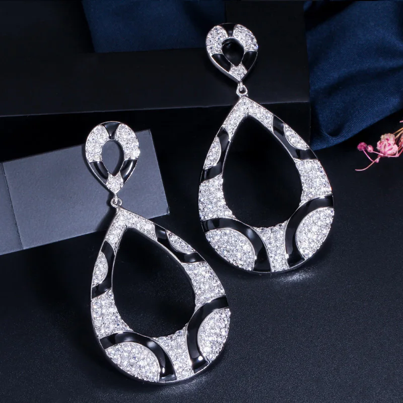 CWWZircons Sparkling Cubic Zirconia Paved Black Snake Print Statement Big Drop Earrings for Women Party Dress Accessories CZ456