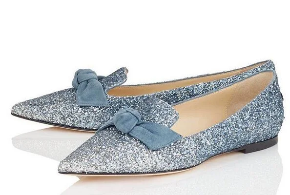 

New Arrival Spring Women Blue Black Beige Bling Bling Glitter Sequined Bows Tie Butterfly Knot Pointed Toe Casual Flats Lady