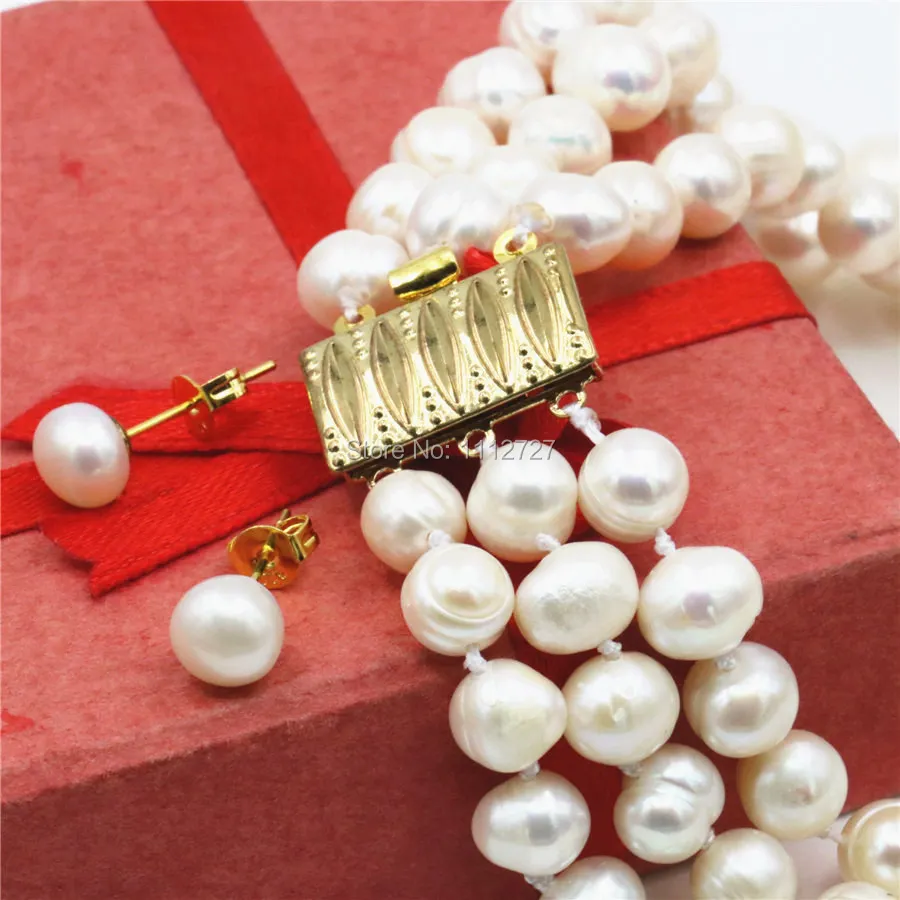 Accessories White Natural Freshwater Pearl Beads 3ROWS Necklace Earrings Sets DIY Jewelry Making Design Women Girls Gifts 6-7mm