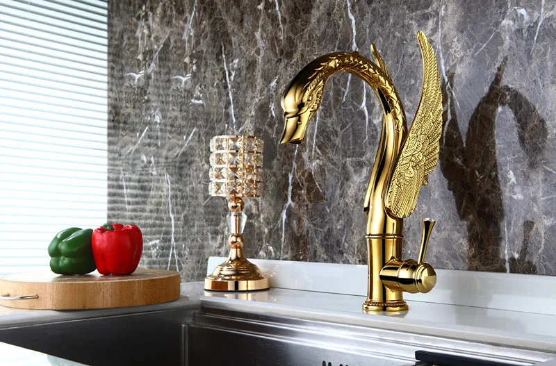 Gold finish Single hole bathroom basin Lavatory sink Swan Tall faucet Deck mounted Crystal handle