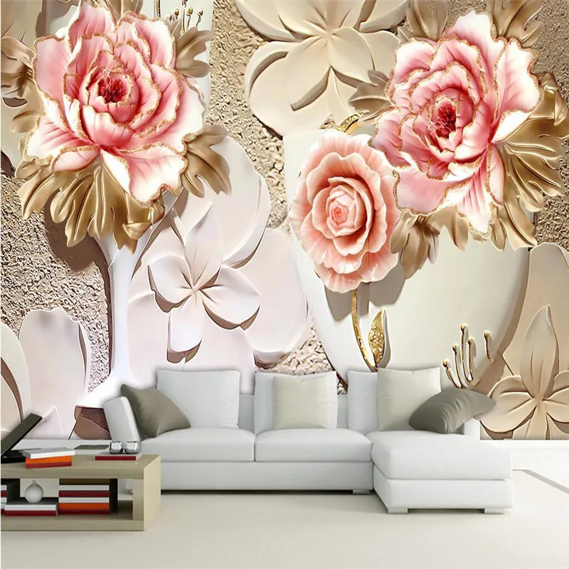 

beibehang Home Decor Embossed white peony flowers Hotel Background Modern Mural for Living Room Murales De Pared Wallpaper