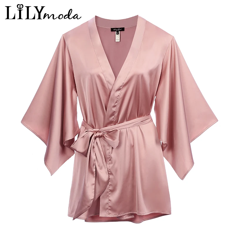 

LILYMODA New Arrivals Women Pink Robe Silk Sexy Kimono Nightgown Nightdress Wedding Bridal Party Bath Robes Gift To Friends