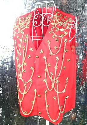 M-xxxl Men's Stage Bar Nightclub Male Ds Super Dance Red Sequined Rivets Vest Fashion Singer Costumes Tank Clothing Coat