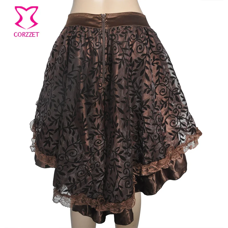 Corzzet dispone di Brown Raso E Maglia Steampunk Epoca Gotica Gonne Burlesque Costume Sexy Ruffle Skirt Per Le Donne Corrispondenza Corsetto