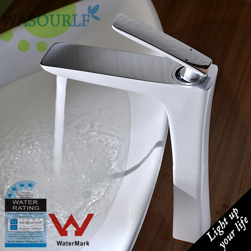 

WASOURLF Basin Mixer Tap Hot and Cold White Faucet Water Saving Single Hole Brass Mirror Chrome Fashion Watermark