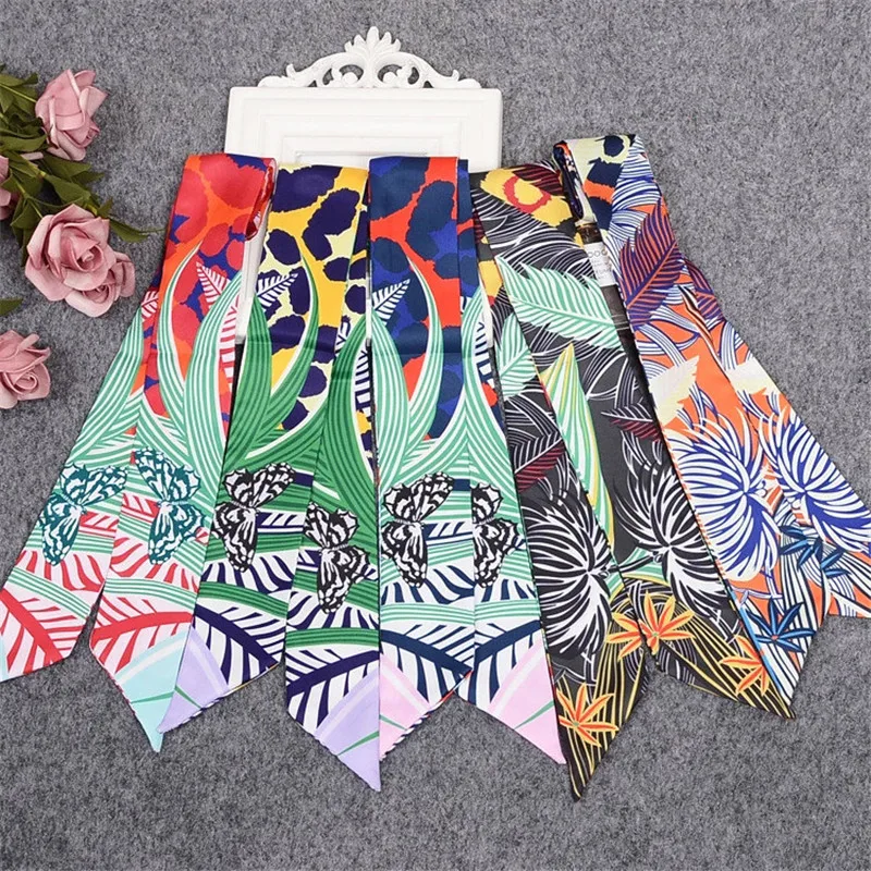 Butterfly Leaf Print Silk Scarf Luxury Brand Bag Scarf For Women Head Skinny Scarf Long Handle Bag Scarves Wraps Drop Shipping