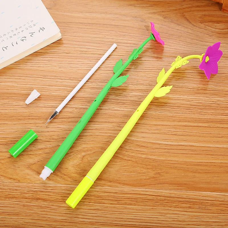 100 Pcs Creative Emulation Plastic Flower Soft Glue Neutral Pen Cartoon Learning Stationery Lovely Gift Water Pen Kawaii