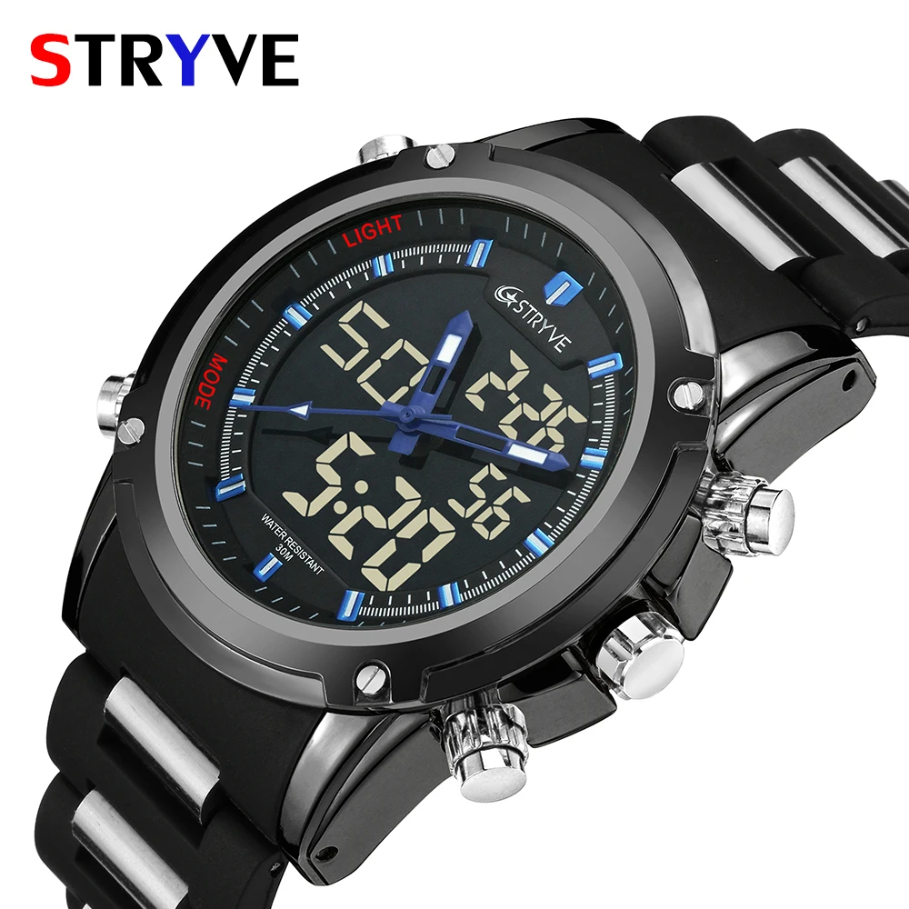 Top Men Watches Luxury Brand Stryve Quartz LED Dual Time Clock Sports Waterproof Men Army Military Wrist Watch Relogio Masculino