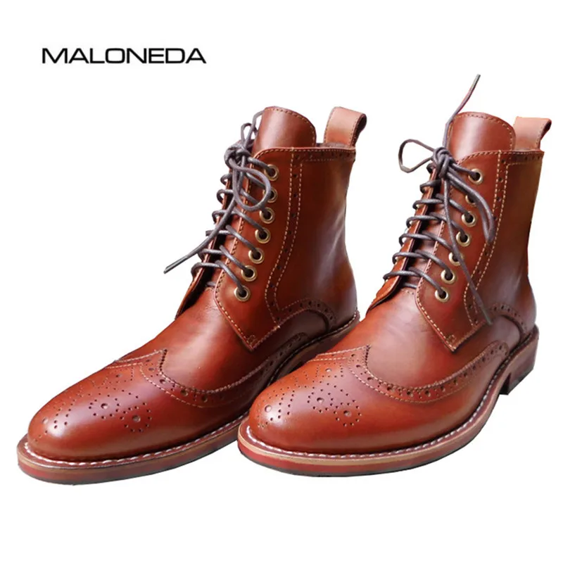 MALONEDE Bespoke Male Handmade Goodyear Brogue Style Full Genuine Leather Short Boots for Spring Autumn Footwear