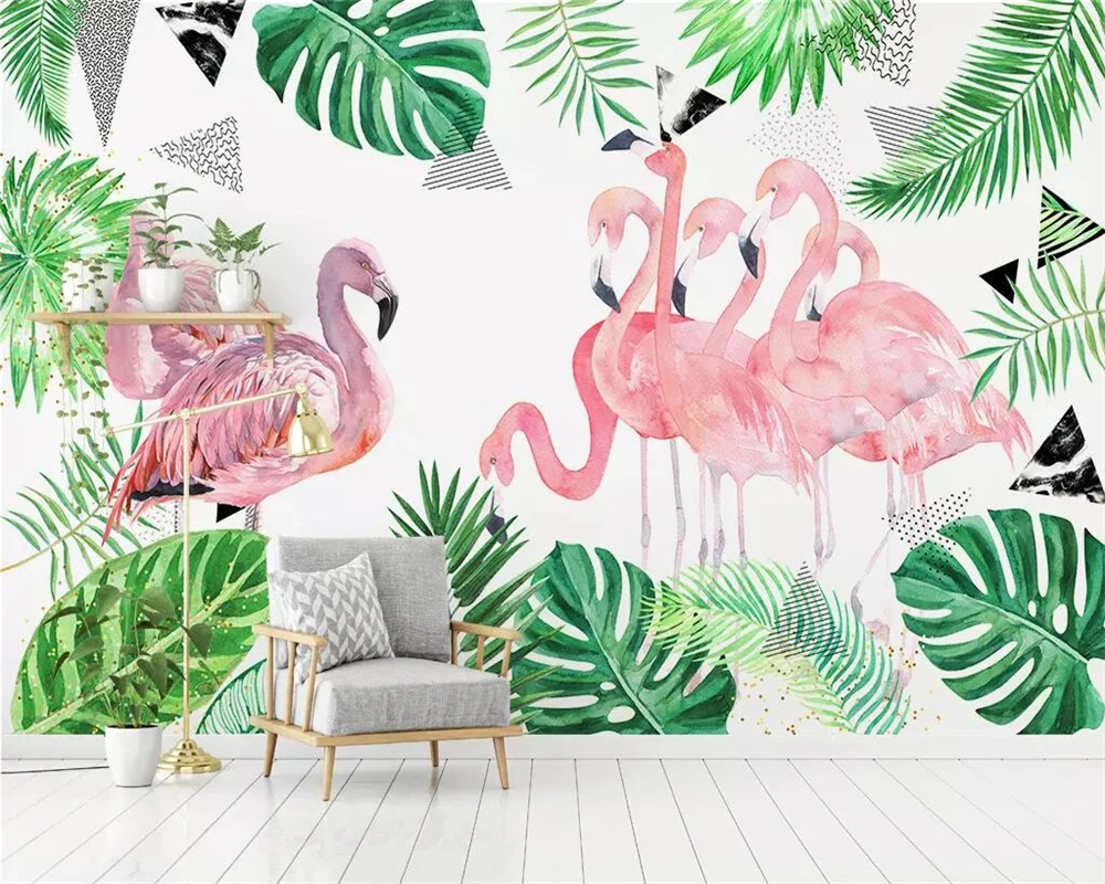 

Beibehang Wallpaper hand drawn tropical rainforest plant flamingo TV background children's room living room bedroom 3d wallpaper