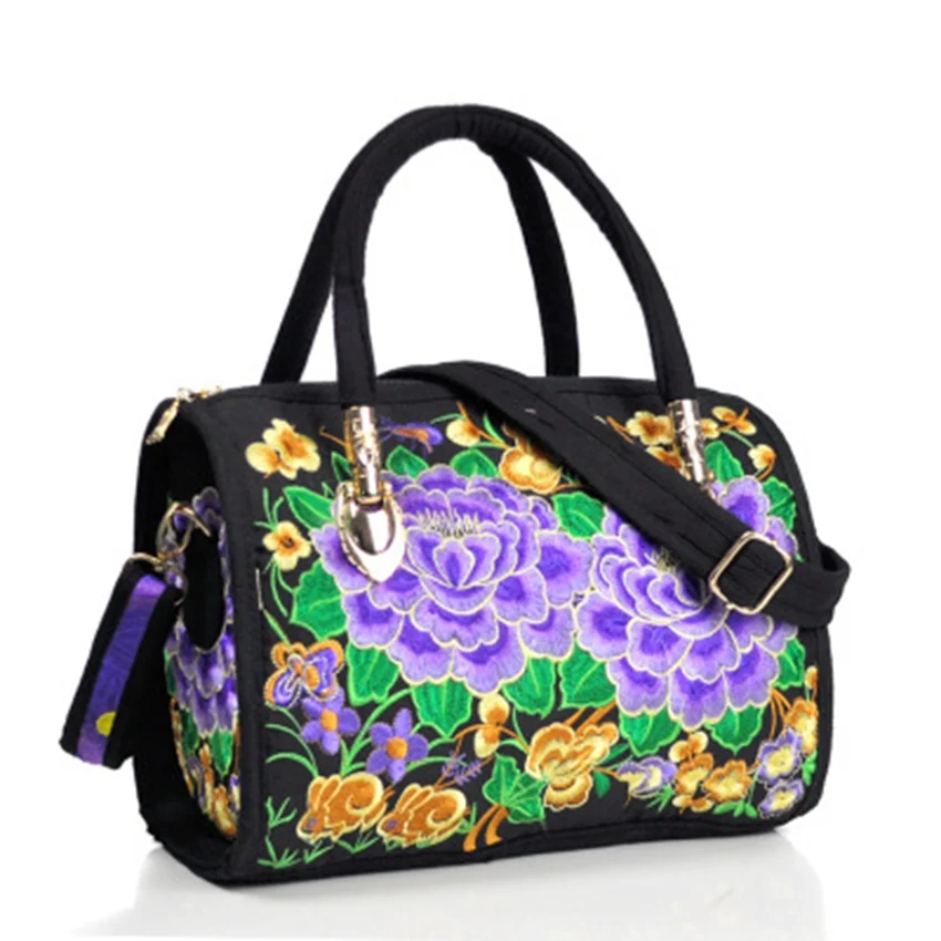 New national wind embroidered portable slung dual-use drum bag canvas embroidery flower bag travel handbag