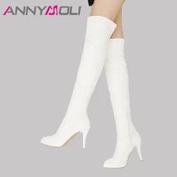 ANNYMOLI  High Heel Over the Knee Boots Thigh High Boots Women Winter Boots Round Toe Long Shoes Zip Sexy Female Shoes White