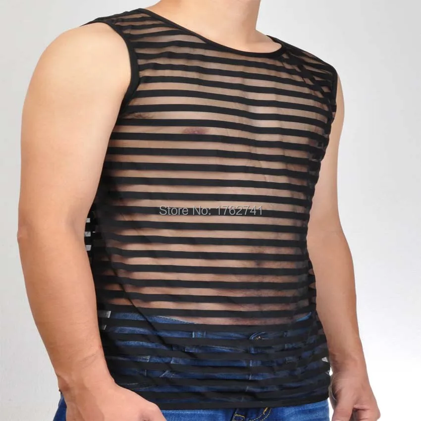 Fashion Men Mesh Stripe Vest  Male Shirt Undershirts See Through Underwear Tank Top Organza Shirt