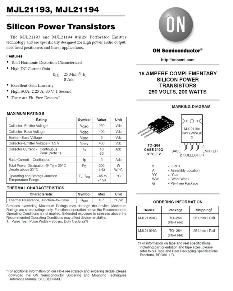 MJL21193 MJL21194ไทรโอดเครื่องขยายเสียงไฮไฟชิปวงจรรวมความแม่นยำของสนามพลัง21193 21194ของแท้