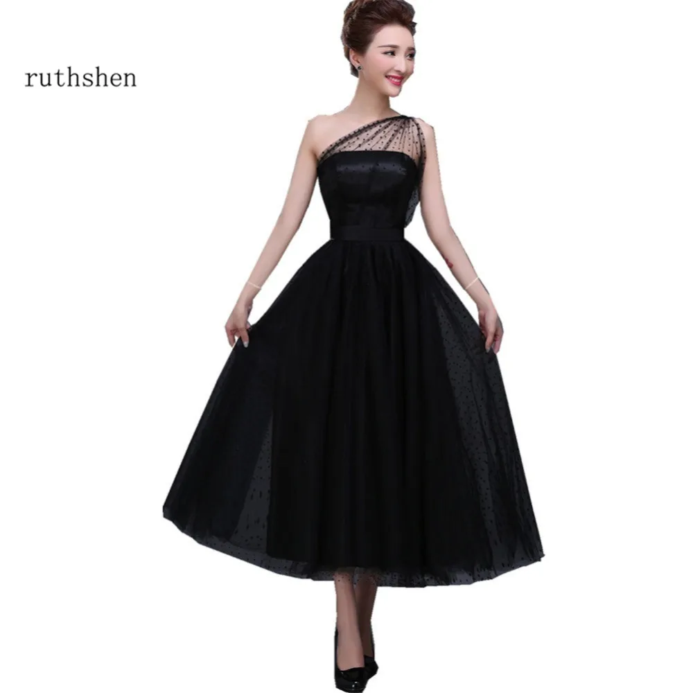 ruthshen Black Prom Dresses 2020 Cheap One Shoulder Polka Dot Tulle Tea Length Party Evening Gowns Vestido De Festa