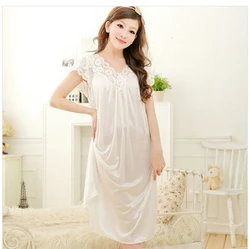 Free shipping women White lace sexy nightdress girls plus size Large size Sleepwear nightgownY02-1