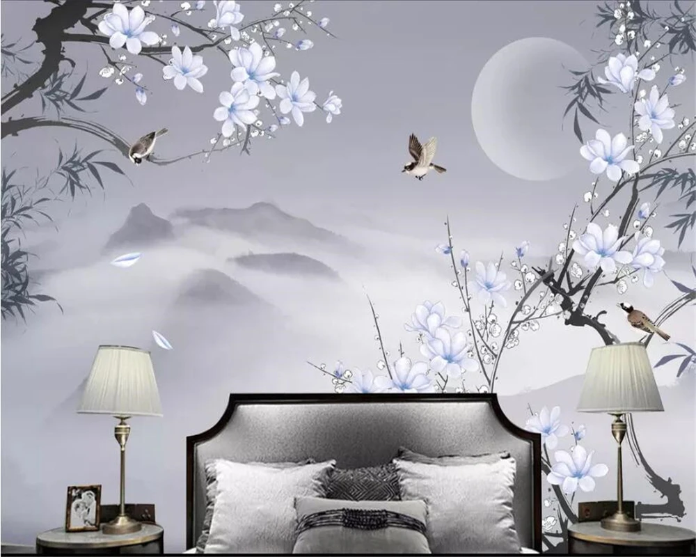 

Beibehang Custom home background wall 3d wallpaper hand-painted bamboo Magnolia flower bird background wall decorative painting