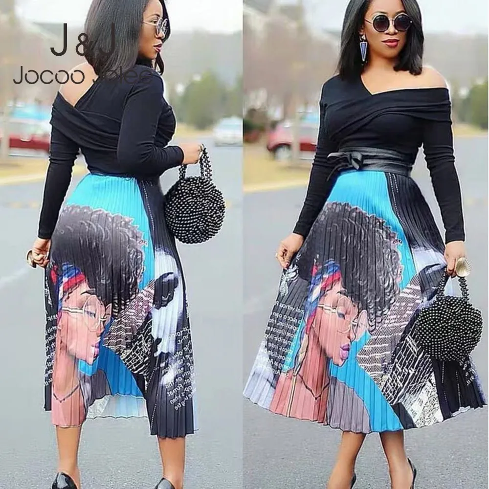 Jocoo Jolee Women High Wiast Cartoon Pattern Pleated Skirts 2024 Summer Casual Oversized A-Line Midi Skirts Streetwear