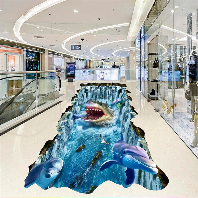 wellyu Custom shark waterfall self - adhesive pulp floor wallpaper bedroom 3d waterproof wallpaper home decoration