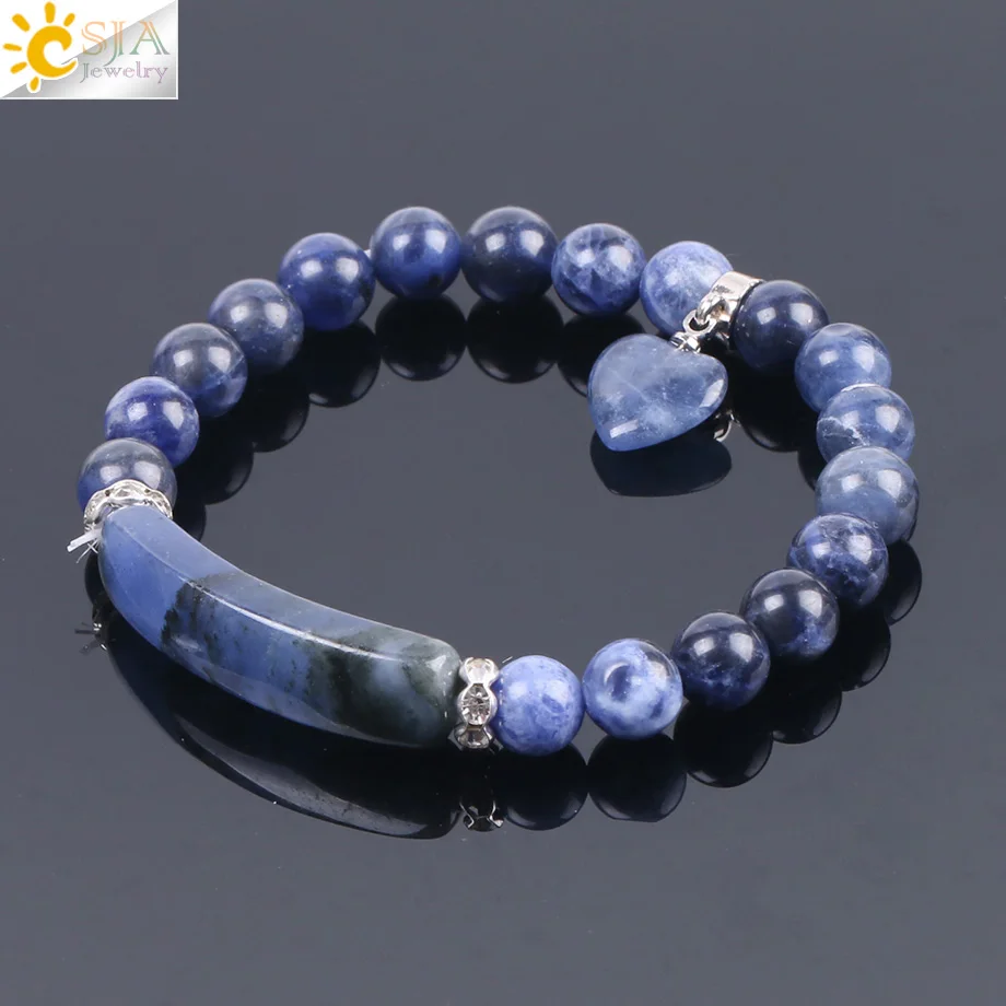 CSJA Natural Stone Sodalite Bracelets Beaded Bracelet for Women Men Love Heart Blue Beads Stretch Healing Buddhist Prayer F109