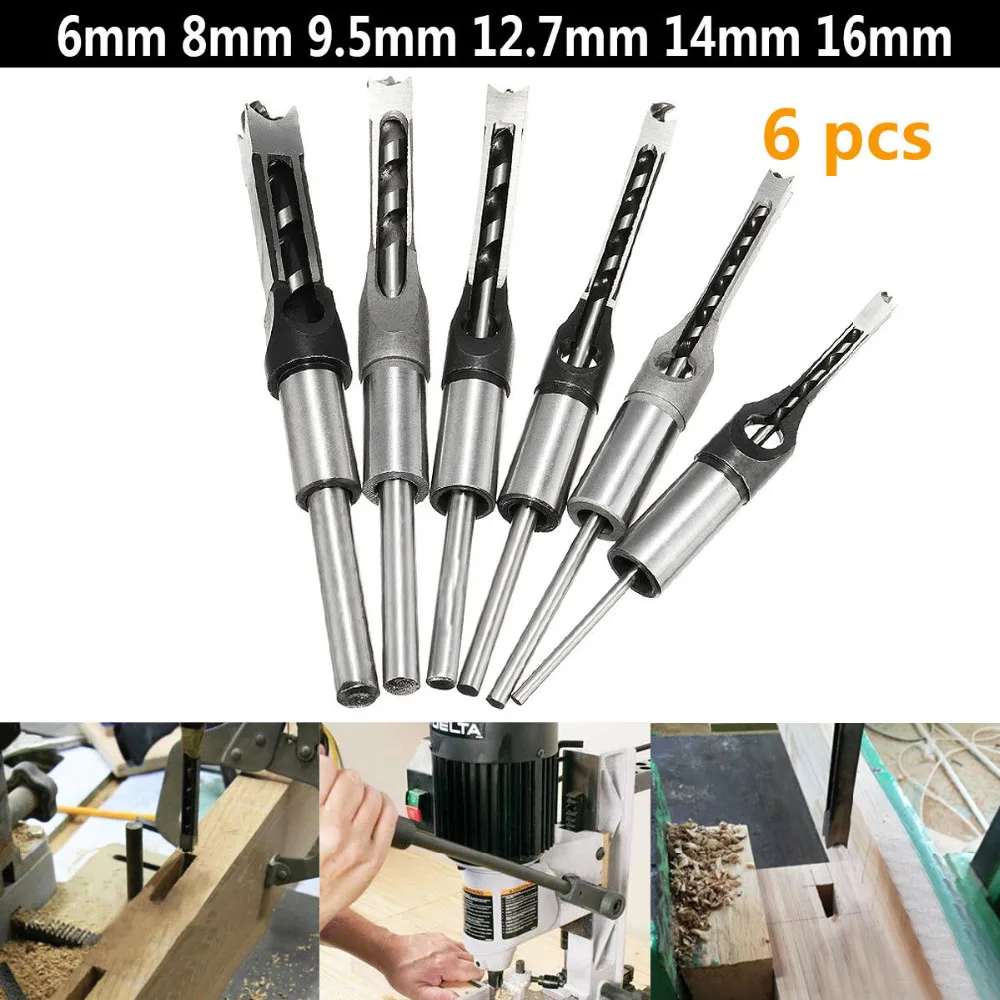 WENXING 6PCS 6mm 8mm 9.5mm 12.7mm 14mm 16mm Square Hole Saw Drill Bit Auger Mortising Chisel 1/4 5/16 3/8 1/2 9/16 5/8