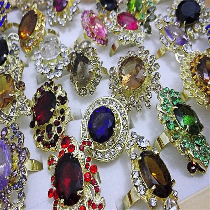 QianBei Wholesale 20pcs Vintage Jewelry Ring Green Blue Red Crystal Rhinestone Rings Adjustable For Women Accessories Free