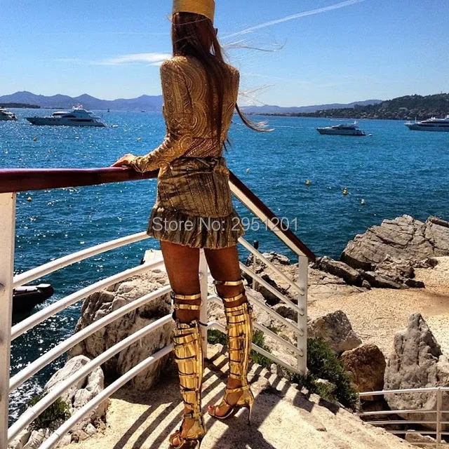 Hot selling Summer newest gold cut-outs gladiator boots sexy buckle strap knee high boots black silver gold sandal boots