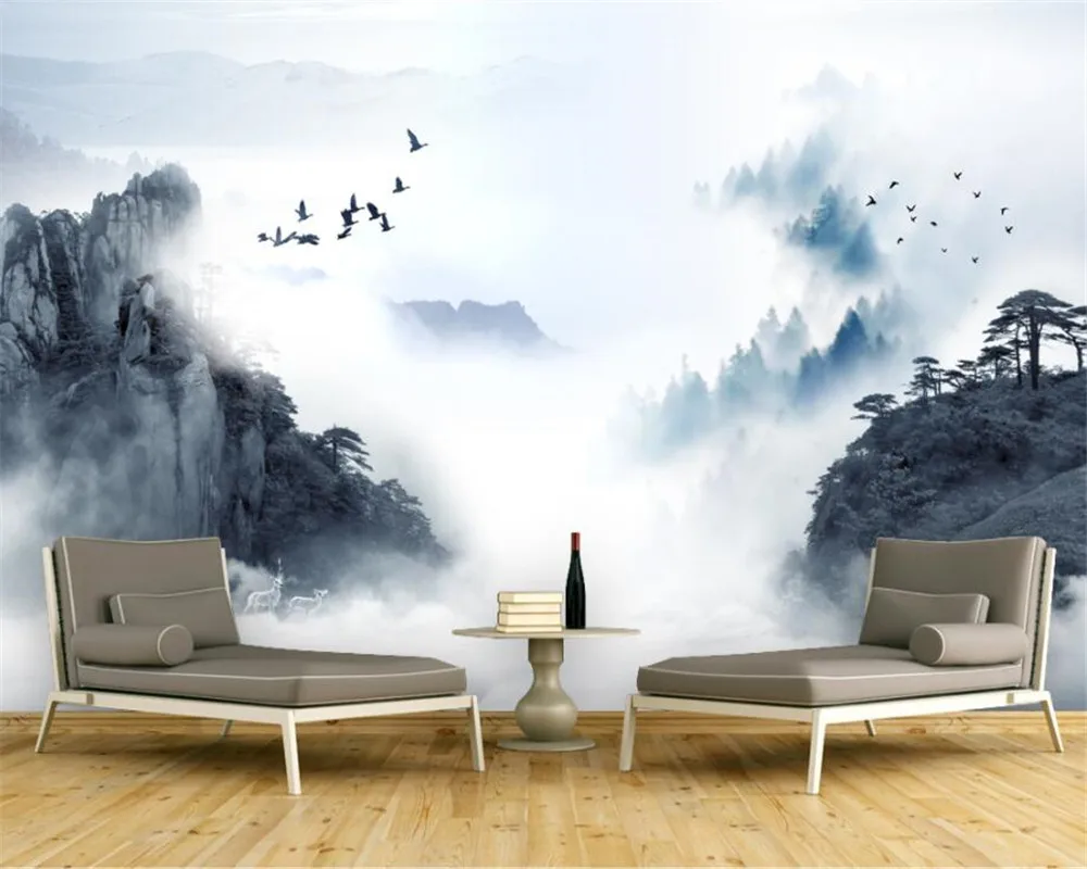 Chinese ink landscape fog forest lake background wall Mural home decoration custom size 3D Wallpaper self-adhesive material image 2
