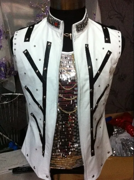 

Handmade Men's White Rivets Patchwork Vest Party Show Club Stage Performance Costumes Nightclub Male singer DJ Outfits