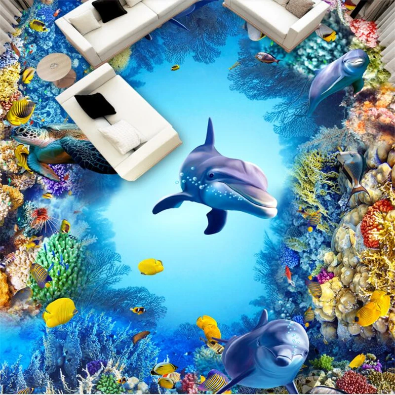 

wellyu Seafloor World Dolphin 3D stereoscopic floor tiles customizing the waterproof and wear-resistant film of large frescoe