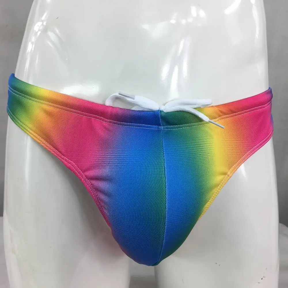 Mens Swim Thong Rainbow Colors Swimsuit Fabric nylon Spandex Lined Pouch Lining Swimsuit Pad optional G8404