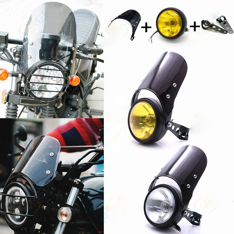 Motorcycle Retro Black Metal Grid 35W Halogen Front Headlight Fairing Windshield For CG125 GN125 For Harley Cafe Racer Honda