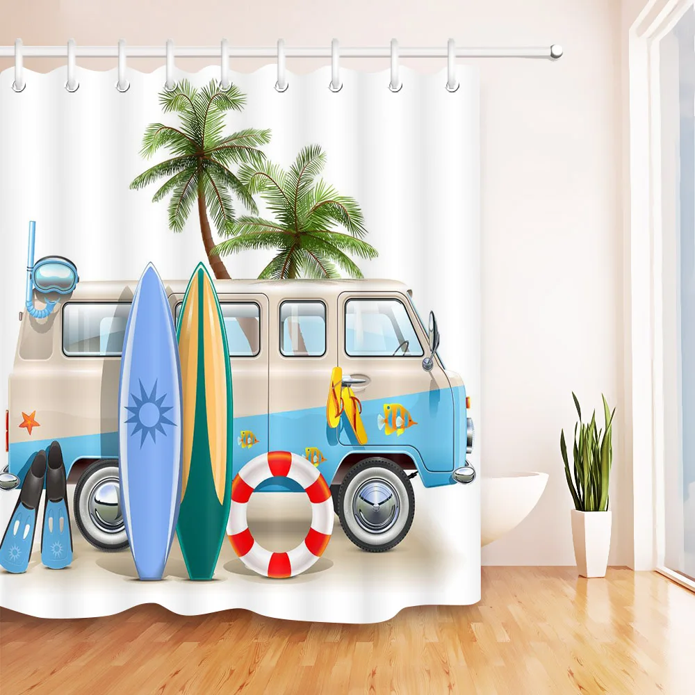 Car Travel Swim Ring Surfboard Camper White Shower Curtain And Mat Set Waterproof Polyester Bathroom Fabric For Bathtub Decor