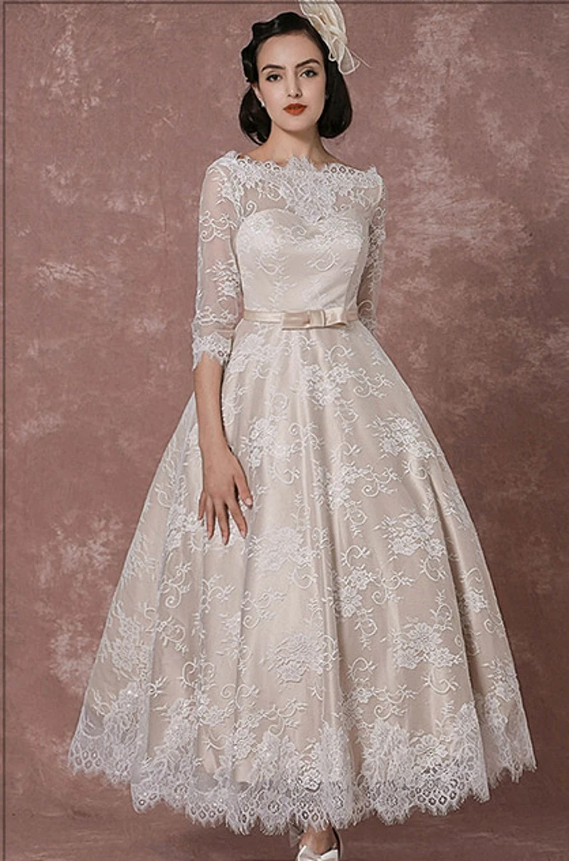 Laço vestido de casamento 2023 vintage bateau champanhe meia mangas vestido de noiva uma linha sem costas chá comprimento sash recepção nupcial