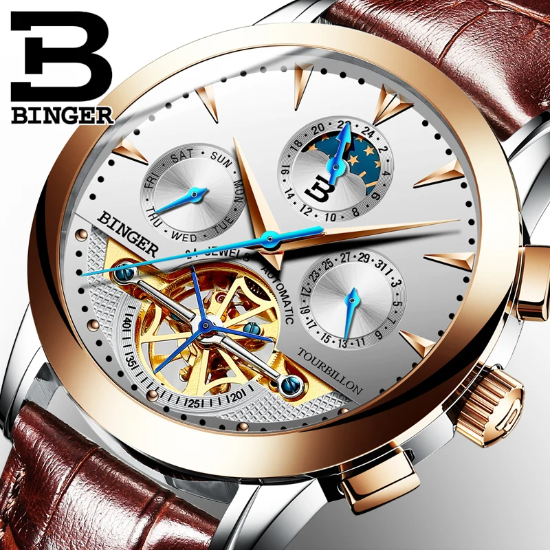 Tourbillion Mechanical Wristwatches Switzerland luxury Men\'s watch BINGER brand Sapphire Genuine Leather Strap Clock B1188-10