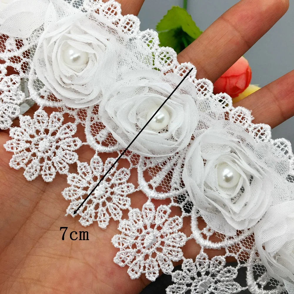

1 Yard Pearl Rose Flower Tassel Chiffon Lace Trim Embroidered Fabric for Wedding Dress DIY Patchwork Ribbon Hat Sewing Craft