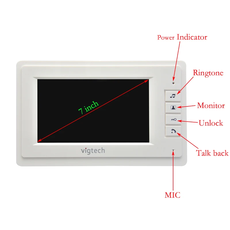 Vigtech Monitor da interno a colori da 7 pollici con adattatore di alimentazione videocitofono dispositivo interno citofono per porte di casa