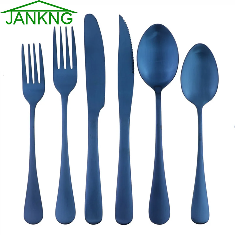 6pcs Tableware Set Black Cutlery of Set 18/10 Stainless Steel Food Grad Blue Dinnerware Set Sweet Fork Dinner Steak Knife