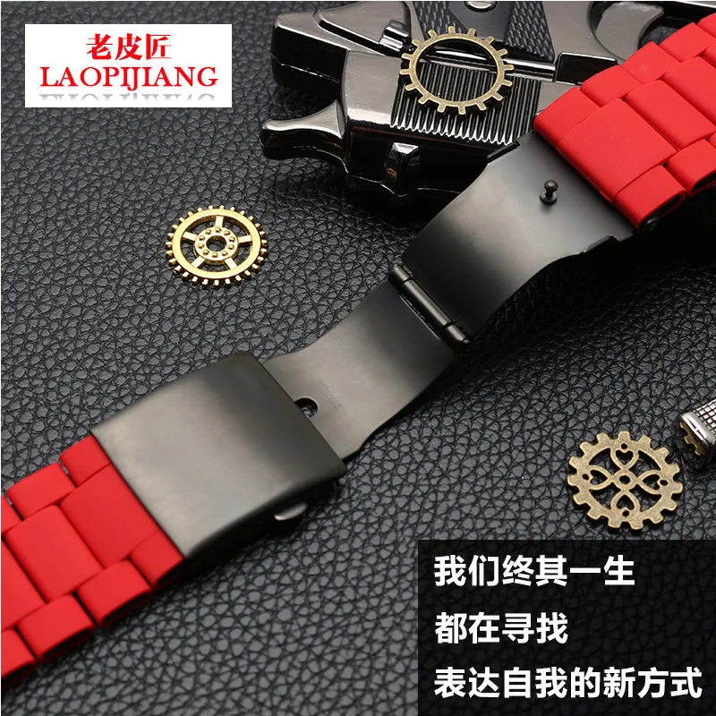 For DZ7396 DZ7370 DZ4289 DZ7070 DZ739 Watchband Black Red 24 28mm Waterproof Silicone Rubber Cover Metal Stainless Strap