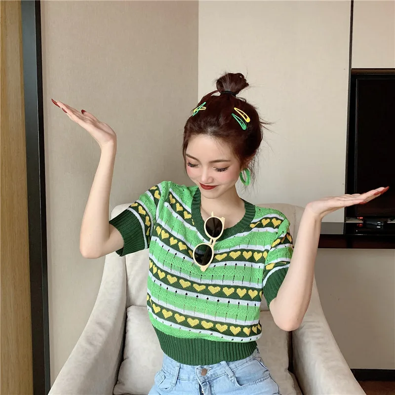 New Women Striped Short Sleeve Green Sweaters Shirts O-Neck Cropped Thin Hollow Out Sweater Pullover Crop Top For Female