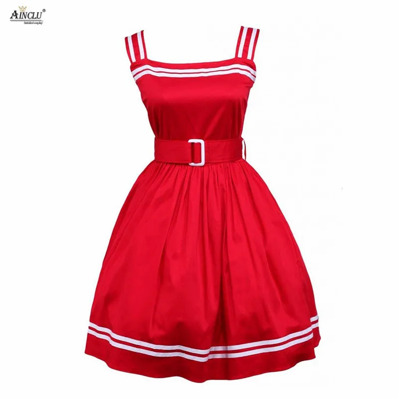 Ainclu Hot Selling Womens Sleeveless School with White Stripes Cotton Red Middle-Long Dress A-line Lolita Dress Free shipping