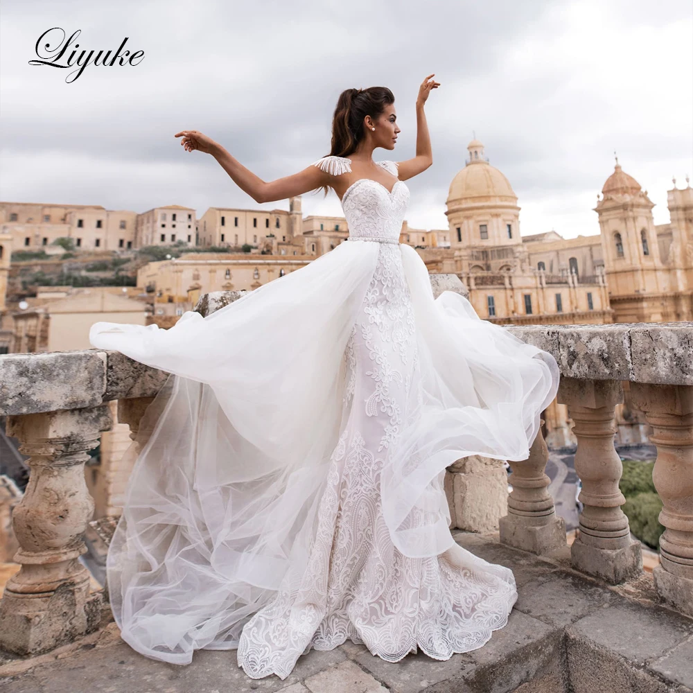 Liyuke Elegant Lace 2 In 1 Mermaid Wedding Dresses With Detachable Puffy Skirt Train Bride Dresses Lace Up