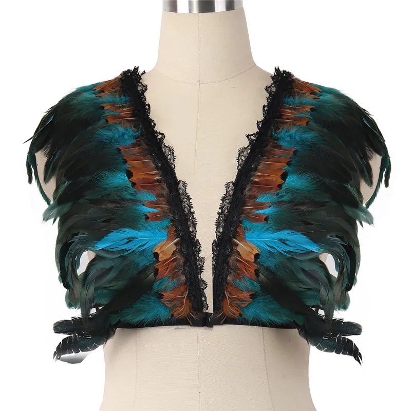 

JLX.HARNESS Handmade Harness Feather Wings/Teal feather epaulettes/natural festival feather shoulder pieces. Burning for Woman.