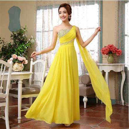 Free shipping 2015 hot custom made fancy champagne one shoulder draped yellow evening gown dress illusion brides mother dresses