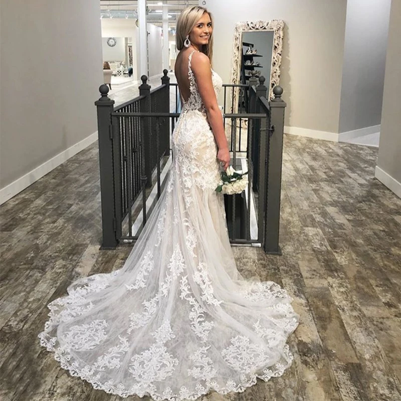 Elegant Mermaid Wedding Dresses Scoop Neck Backless Lace Appliques Sleeveless Vestido De Novia Chapel Train Bridal Gowns 2019