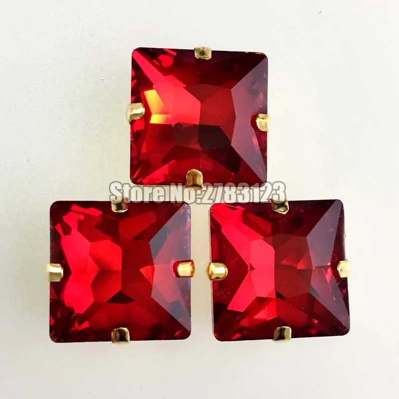 Free shipping 12mm 14mm 20pcs Square Gold bottom Glass Crystal red color sew on claw rhinestones,diy/Clothing accessories