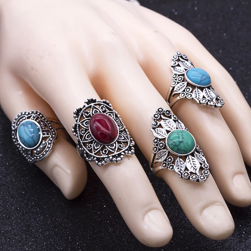 20pcs Wholesale Vintage Hollow Mix Stone Ancient Silver Color Ring Lots Fashion Jewelry Women Rings Dropshopping