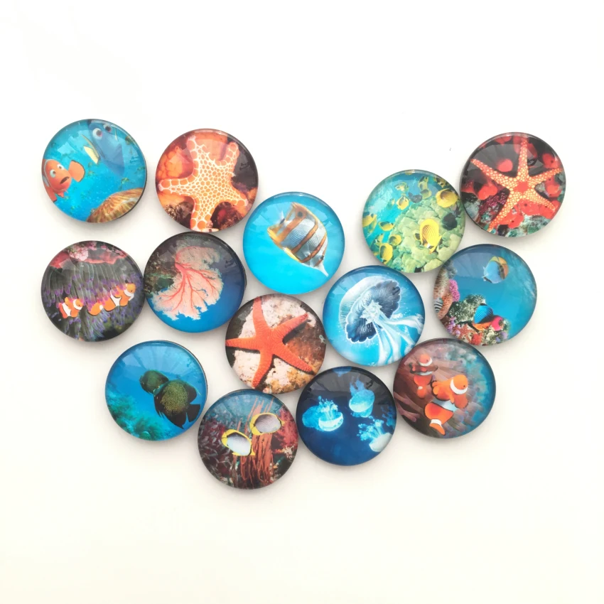 Free shipping (14pcs/lot)Cute Sea Animal Crystal Glass Fridge Magnet Round Cartoon Fish message sticker for whiteboard kids gift