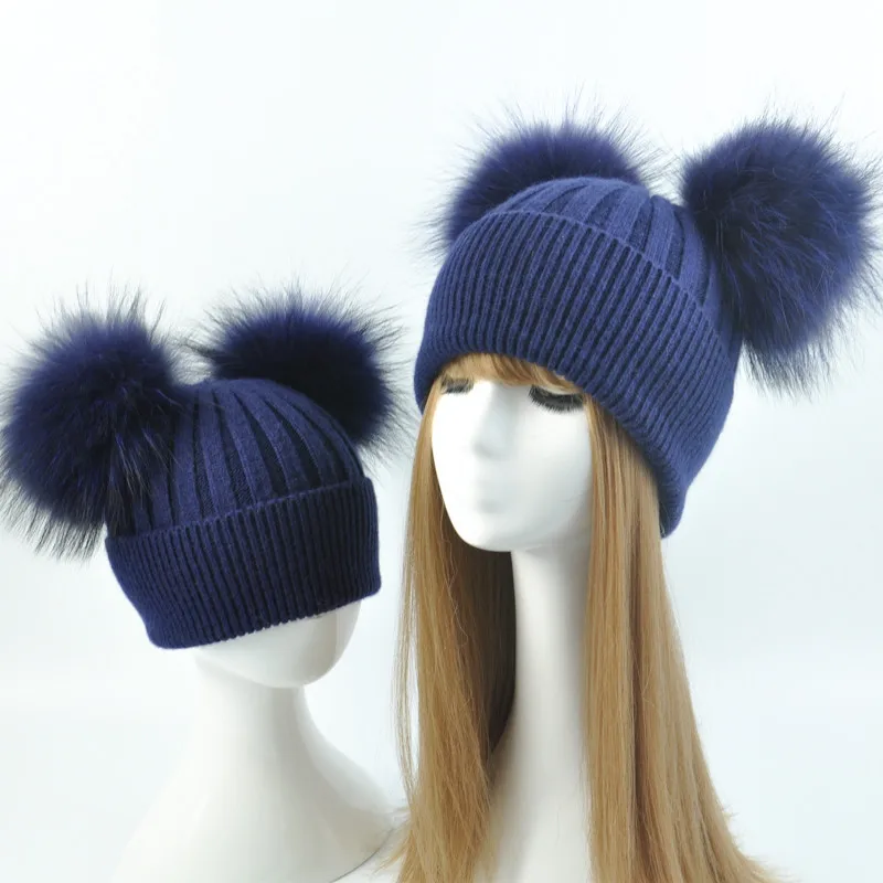 Cashmere Winter Hat for Children and Women Parent Baby Boys Wool Caps Warm Bobble Knitted Hat Double Real Fur Pompom Beanie Hat