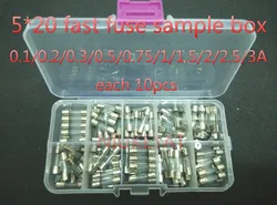 100pcs/Set 5x20mm 5*20mm Glass Fuses 0.1/0.2/0.3/0.5/0.75/1/1.5/2/2.5/3A 250V Quick Blow Glass Tube Fuse Assorted Kits Fast-blow